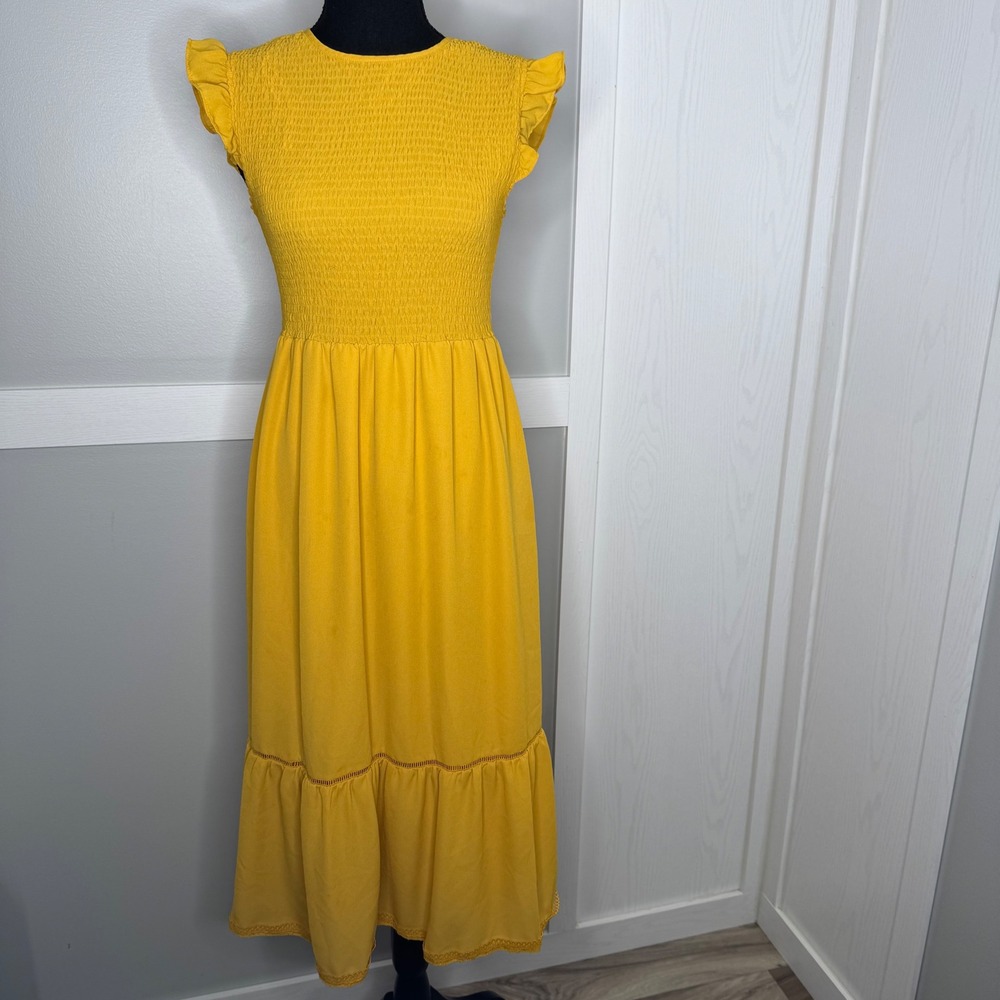 Nanette Lepore Yellow Smocked Midi Dress with Ruffle Sleeves